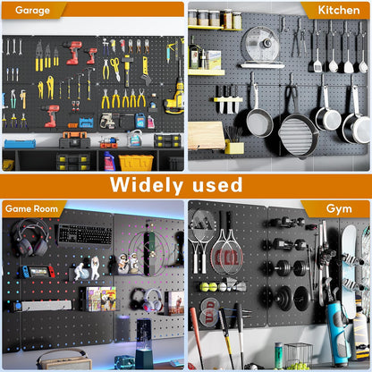Peg Board, 112PCS Heavy Duty Metal Pegboard with Hooks, 6 Pack Black Peg Board Panels, 60lbs Load Capacity Each, Pegboard Wall Organizer for Garage, Workshop, Kitchen, Craft Rooms
