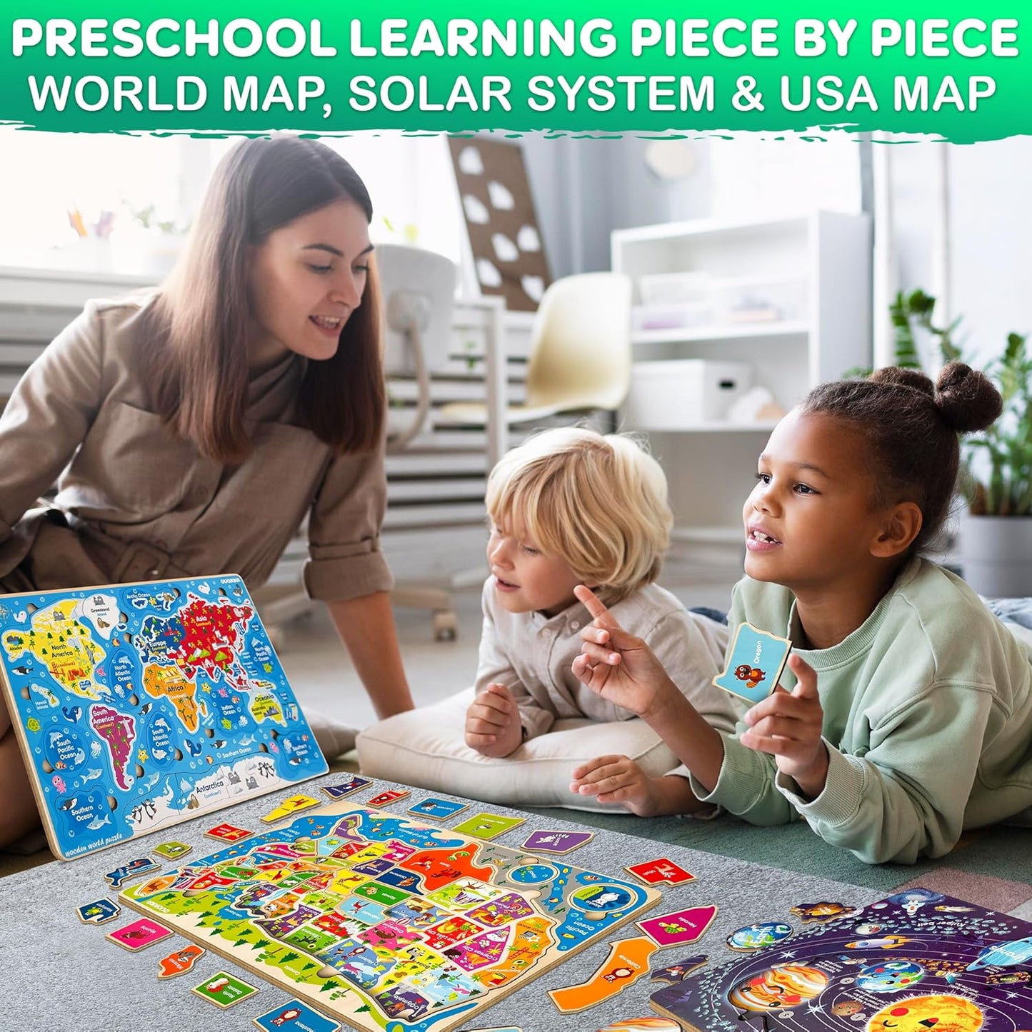 QUOKKA Puzzles for Kids Ages 4-6 - Realistic USA Map Wooden Puzzles for Toddlers 3-5 - Montessori Wood Educational Toys for 2-4 Years Old - United States Geography Learning Games for Kids 6-8