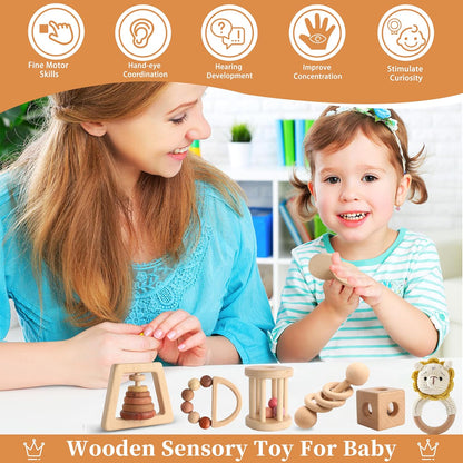 Wooden Rattles for Baby, 7PCS Wooden Montessori Toys for 7-24 Months Baby Boy Girl, Natural Beech Wood Grasping Toy, Gift for Babies