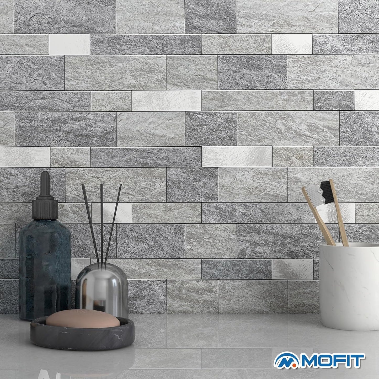 MOFIT Backsplash Tile for Kitchen Peel and Stick Stone Matte Finish,Bathroom Tiles Stickers 3D Wall Panel Linear Mosaic Marble Backsplash Waterproof(5sheets,Blue Green Gray)