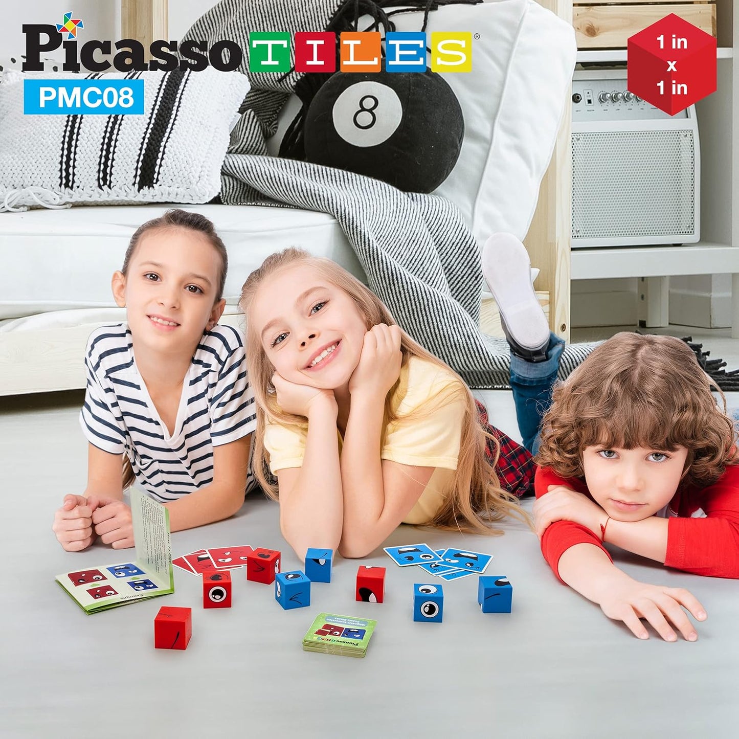 PicassoTiles Magnetic Expression Puzzle Cube + Toys Carrying Case, 8pc Magnet Blocks w/ 36 Emotion Game Card Included, Magnetic Tile Construction Block Travel Bag, EVA Waterproof Storage Organizer Box