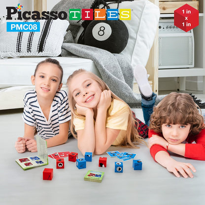 PicassoTiles Magnetic Expression Puzzle Cube + Toys Carrying Case, 8pc Magnet Blocks w/ 36 Emotion Game Card Included, Magnetic Tile Construction Block Travel Bag, EVA Waterproof Storage Organizer Box