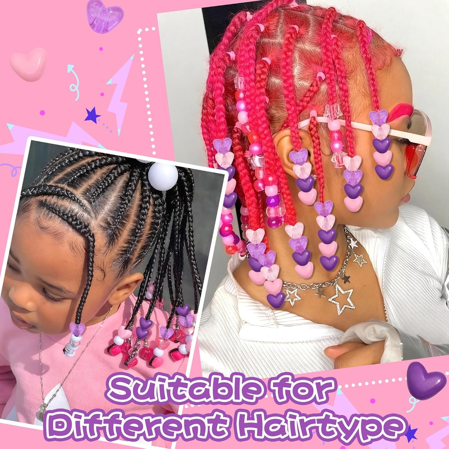 90PCS Heart Hair Beads for Braids Blue Pink Loc Dreadlock Valentine's Day Bead Accessories Purple Cute Acrylic Heart Shape Beads for Kids Girls