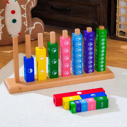 Premium Large Montessori Fractions Skittles Fraction Tower Cubes – 21.3" Solid Beechwood Fraction Manipulatives, 8 Color-Coded Towers with Fractions Decimals Percents & Circle Graphics, Ages 6-12