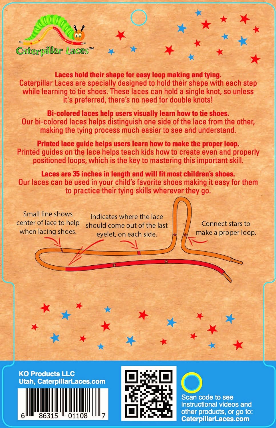 Caterpillar Shoe Laces - Learn to tie shoes fast and easy - Bi-colored, Holds Shape, Printed Guide (Laces Only)