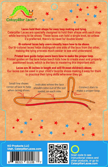 Caterpillar Shoe Laces - Learn to tie shoes fast and easy - Bi-colored, Holds Shape, Printed Guide (Laces Only)