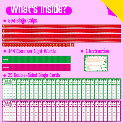 Sight Word Bingo Game, 144 Sight Words Learn to Read Level 1 & Level 2 Bingo Board Game Dolch's & Fry's Words Lists for Kindergarten and Preschool, Grade 1st, 2nd, Kids 4-8 (Up to 25 Players)