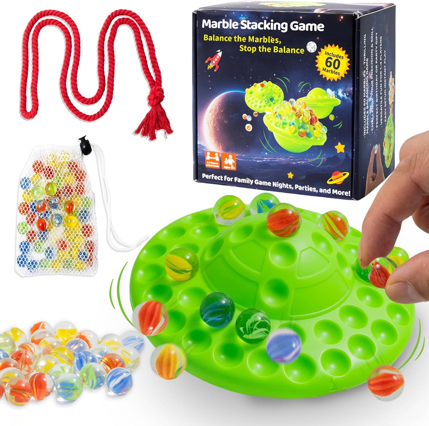 UFO Marble Balance Game, 60 Colorful Marbles Toy for Kids Family Stacking Challenge, Party Game with Storage Case for Children Over 96 Months (UFO Marble Balance Game)