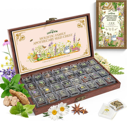 Lush&Dew Ancestral Apothecary Medicinal Tea Herb Seed Chest, 36,000+ Non-GMO Survival Seed Kit, Gardening Gifts for Women Men, 40 Types Heirloom Garden Seeds for Planting Herbs, Raised Bed Windowsill