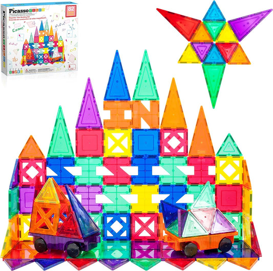 PicassoTiles Magnetic Building Block Set Geometry Shape Magnet Tiles Construction Toy STEM Learning Kit Educational Playset Playboard Pretend Play Stacking Blocks Child Brain Development PT16