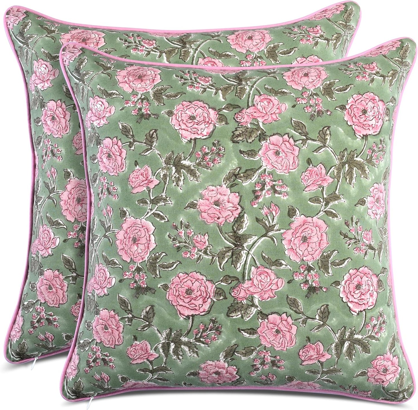 CPC 100% Cotton Throw Pillow Covers 18x18 Inch, Set of 2 Green Block Print Pattern Couch Pillow, Cute Boho Decorative Pillows for Living Room, Bedroom with Hidden Zipper- Agate Green