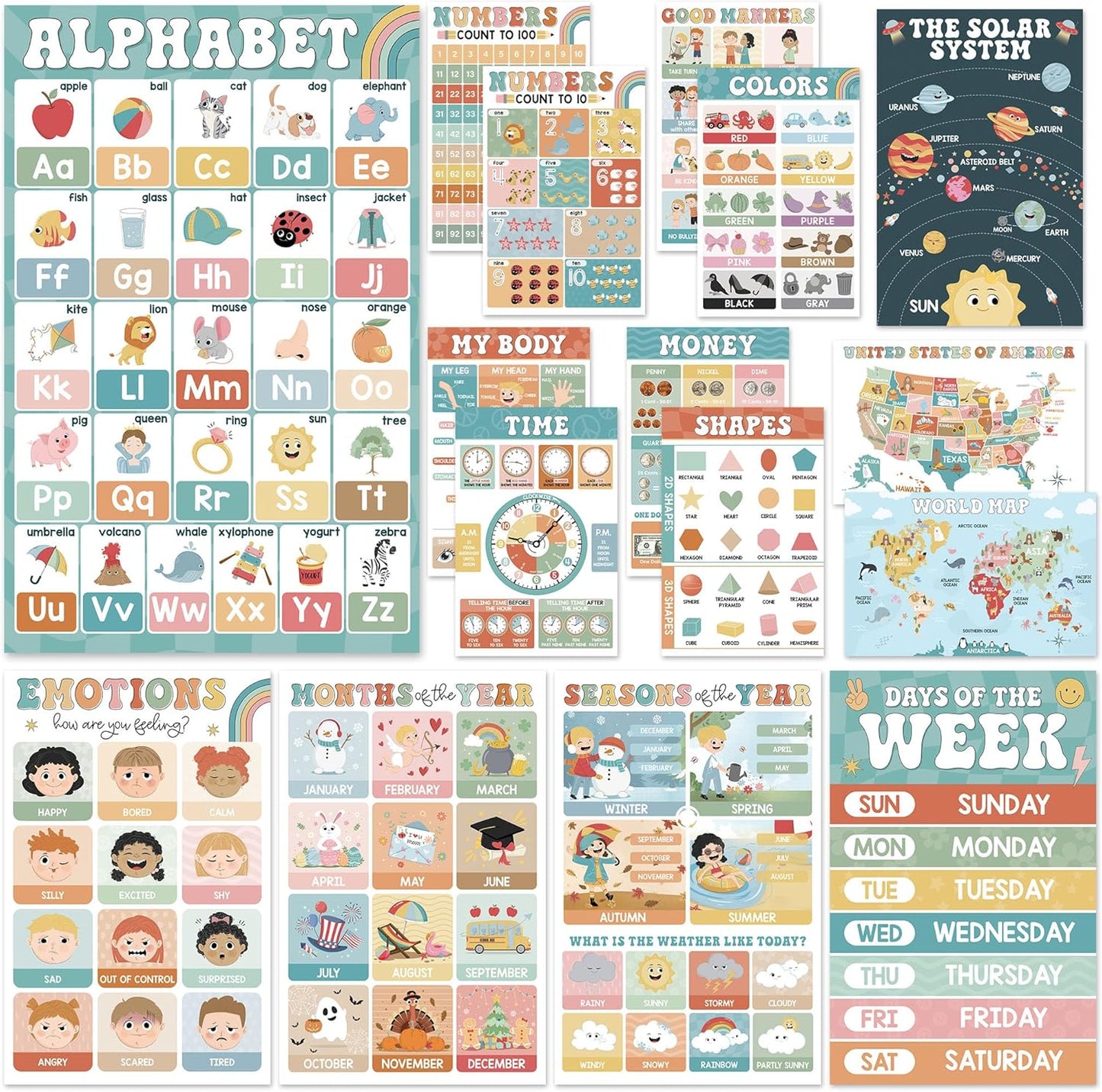 BEAWART 18 Laminated Educational Posters For Toddlers, Preschool Posters for Classroom, Kindergarten Wall Decor, PreK Learning Materials Alphabet Number Chart