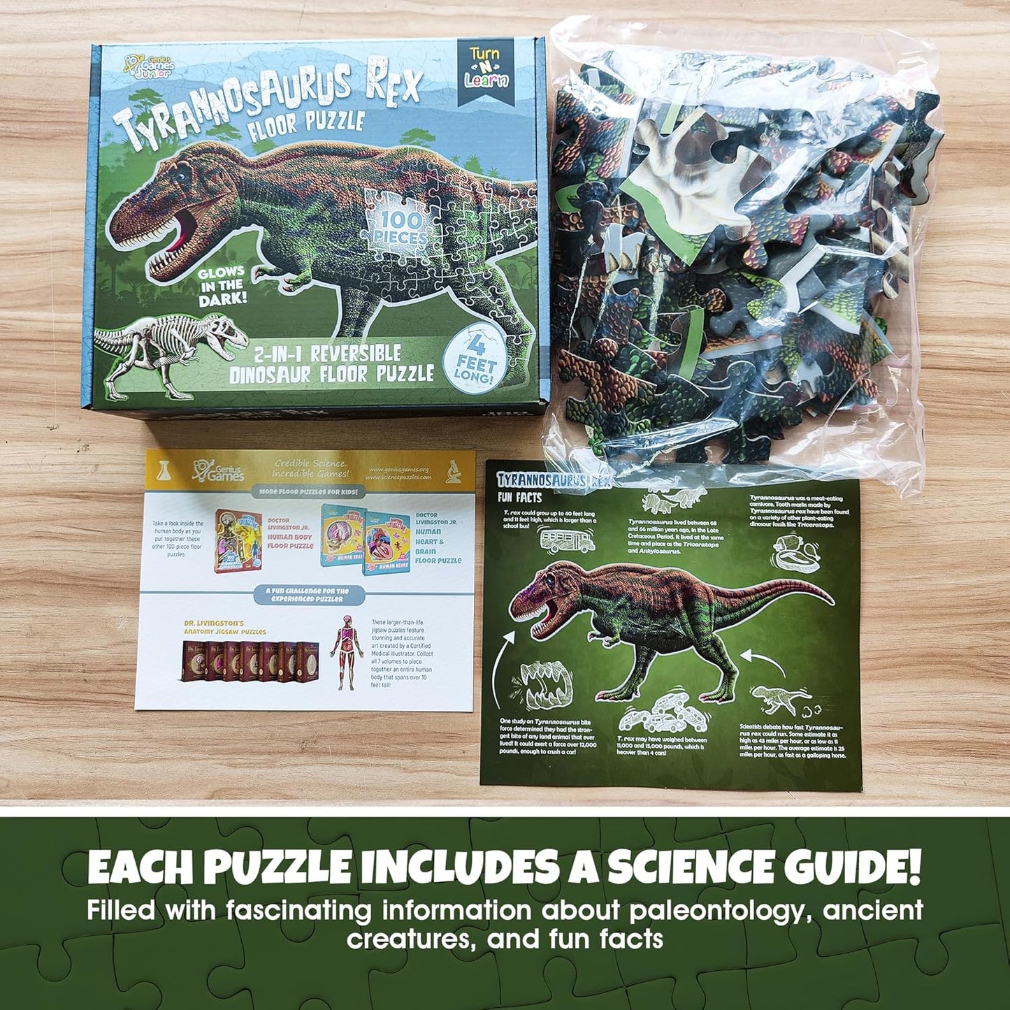 Tyrannosaurus Rex Dinosaur Jigsaw Puzzle | 100-Piece Double Sided Floor Puzzle with Glow-in-The-Dark Skeleton On Other Side | 4 FT Scientifically Accurate Dino Illustration | Educational Toy for Kids