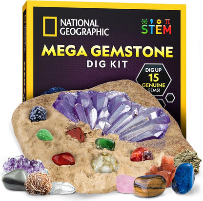 National Geographic Gigantic Gemstone Dig Kit – Excavate 100 Real Gems from a Giant Dig Brick, Gem Mining Kit for Kids, STEM Rock Collection Activity, Includes Tools & Learning Guide
