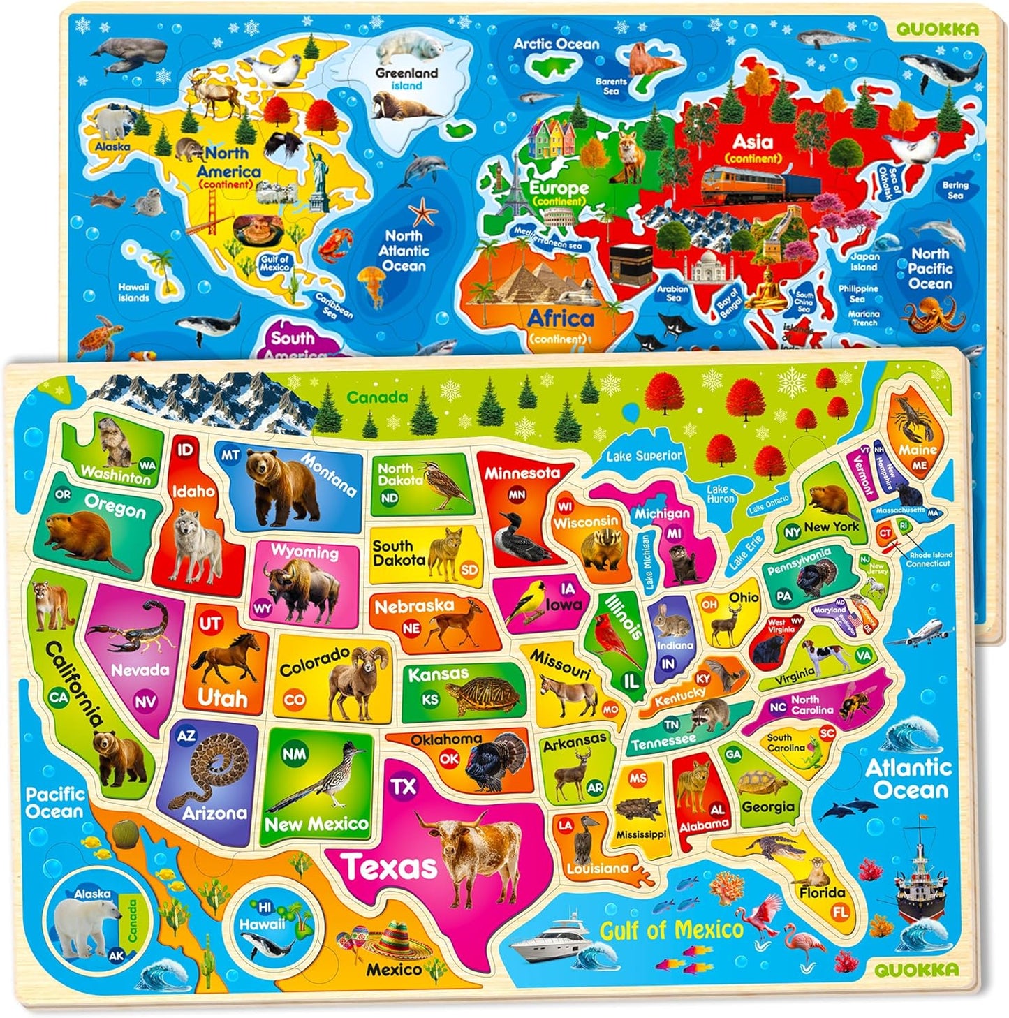 QUOKKA Puzzles for Kids Ages 4-6 - Realistic USA Map Wooden Puzzles for Toddlers 3-5 - Montessori Wood Educational Toys for 2-4 Years Old - United States Geography Learning Games for Kids 6-8