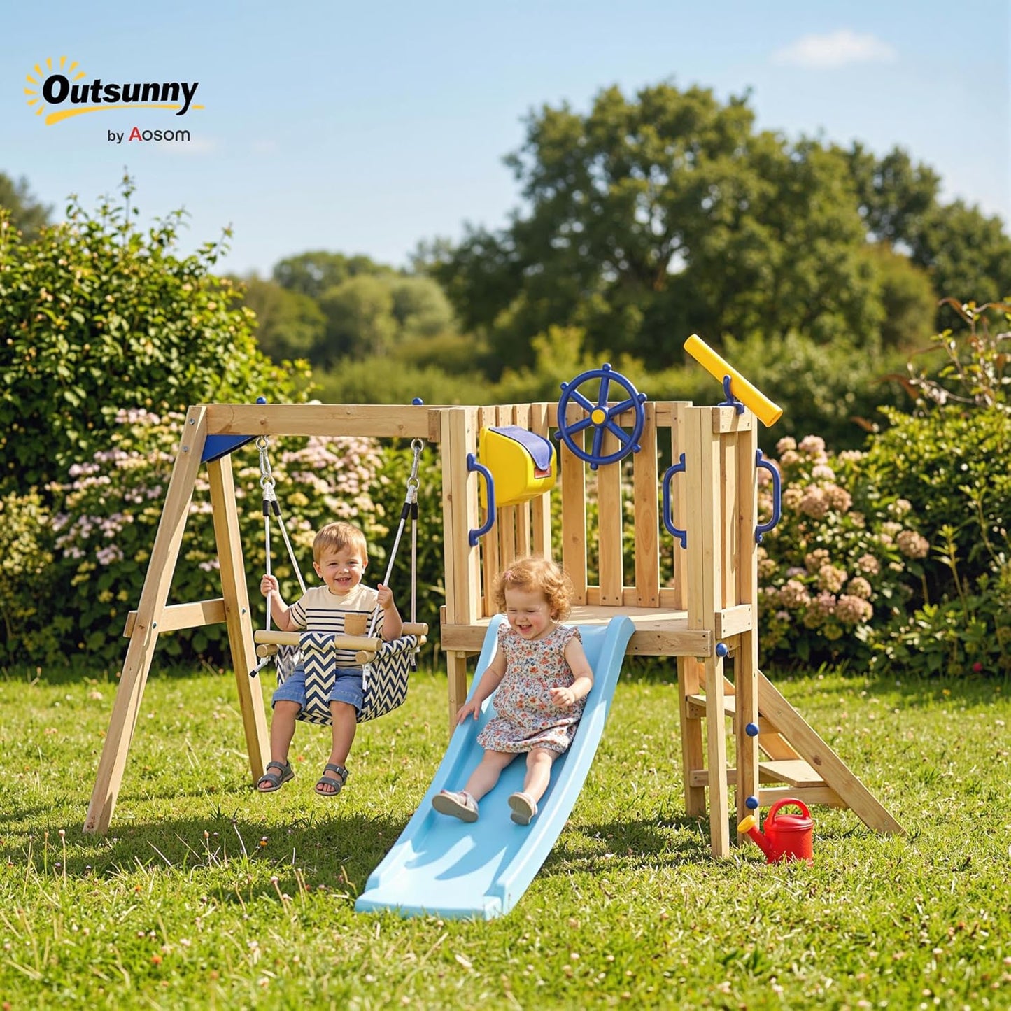 Outsunny Swing Set for Backyard, Wooden Toddler Outdoor Playset with Baby Swing Seat, Kids Slide, Fort, Playground Equipment with Captain's Wheel, Telescope for Ages 1.5-4, Natural