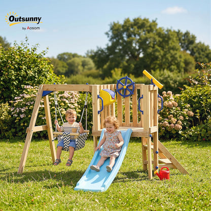 Outsunny Swing Set for Backyard, Wooden Toddler Outdoor Playset with Baby Swing Seat, Kids Slide, Fort, Playground Equipment with Captain's Wheel, Telescope for Ages 1.5-4, Natural