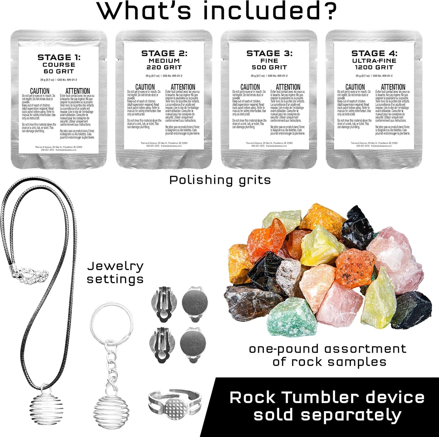 The Thames & Kosmos Rock Tumbler Refill Pack for use with The Thames & Kosmos Rock Tumbler, Essential STEM Tool for Kids | Includes Rough Rocks, Polishing Grit, Jewelry Settings