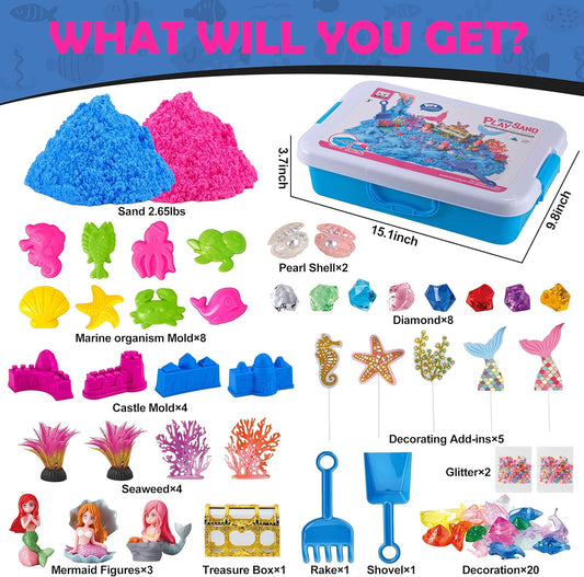 Mermaid Sensory Bin, Play Sand Box Toys with 2.65lbs Colored Sand, 12 Ocean Animals & Castle Molds, 3 Mermaid Action Figures, 2 Tools and 42Pcs Treasure & Accessories, Beach Toys for Kids Ages 3-8