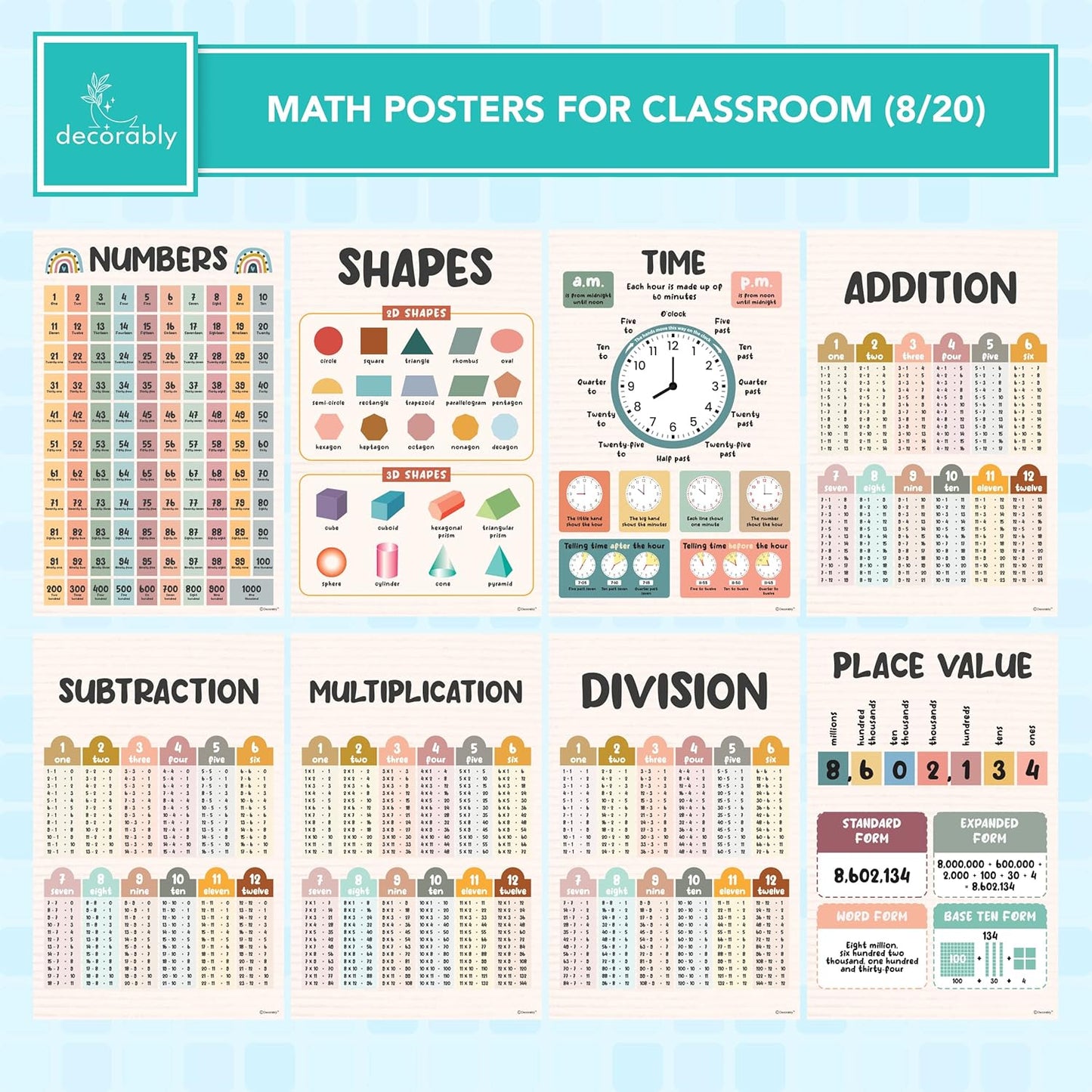 Decorably 20 Rainbow Boho Math Posters for Classroom, 11x17in Educational Matte-Laminated School Decor - for Hallways, Bulletin Boards, Home Study Room