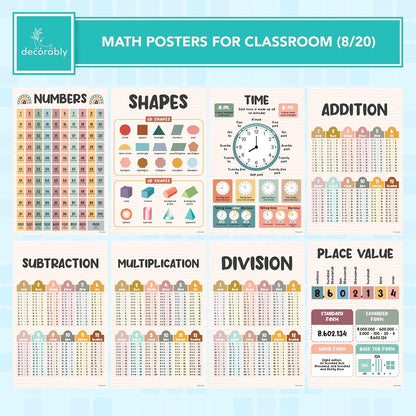 Decorably 20 Rainbow Boho Math Posters for Classroom, 11x17in Educational Matte-Laminated School Decor - for Hallways, Bulletin Boards, Home Study Room
