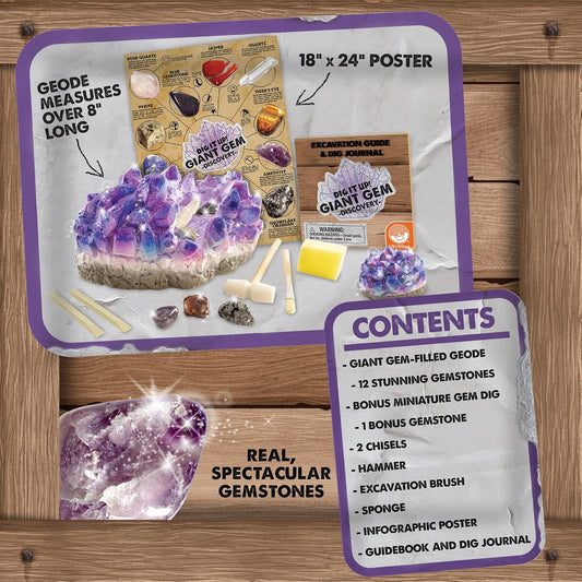 MindWare Dig It Up Giant Gem Discovery Kit - Gemstone Dig Kit Offers Geology for Kids with 12 Real Polished Hidden Gemstones - Includes 1 Giant Gem, Chiseling Tools, Gemstone Poster - Ages 4+