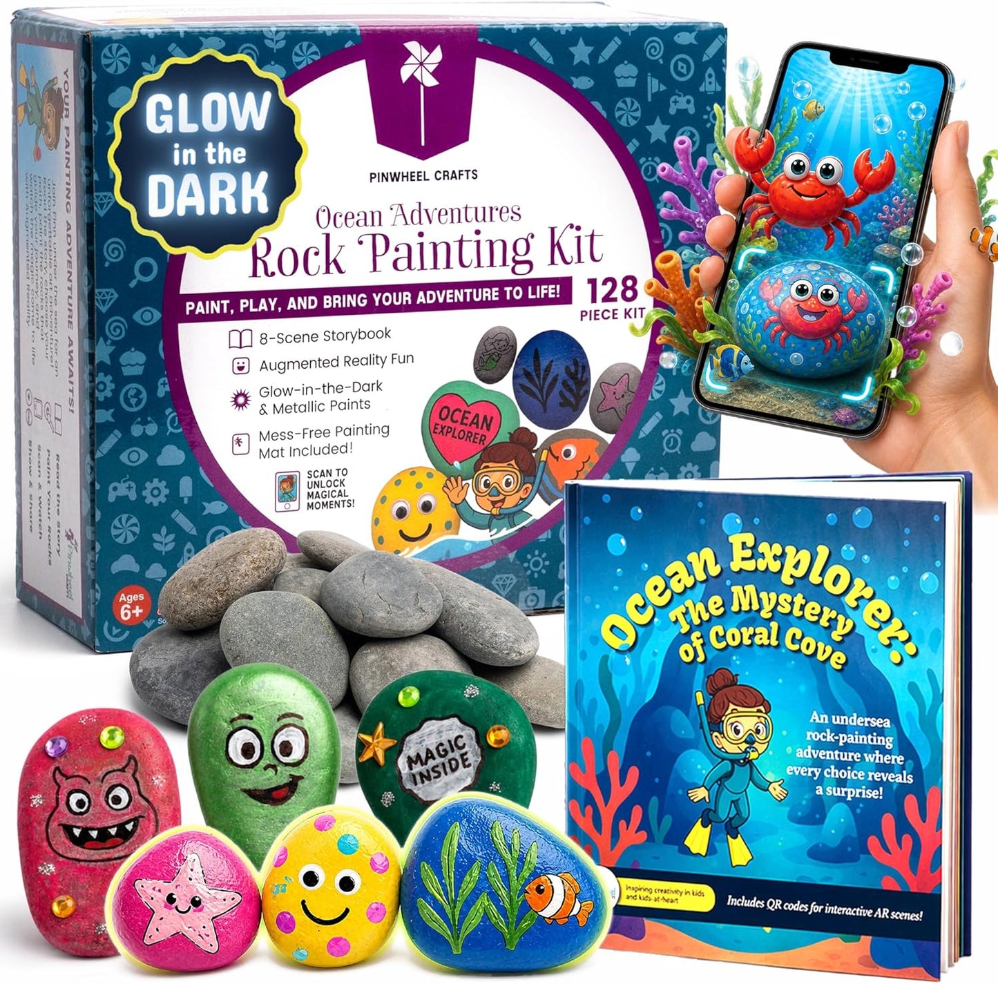 Pinwheel Crafts Glow in the Dark Rock Painting Kit with Interactive AR Storybook – 128pc Arts & Crafts Set for Kids – Augmented Reality Educational Toy for Boys & Girls Ages 6-12