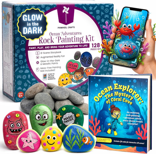 Pinwheel Crafts Glow in the Dark Rock Painting Kit with Interactive AR Storybook – 128pc Arts & Crafts Set for Kids – Augmented Reality Educational Toy for Boys & Girls Ages 6-12
