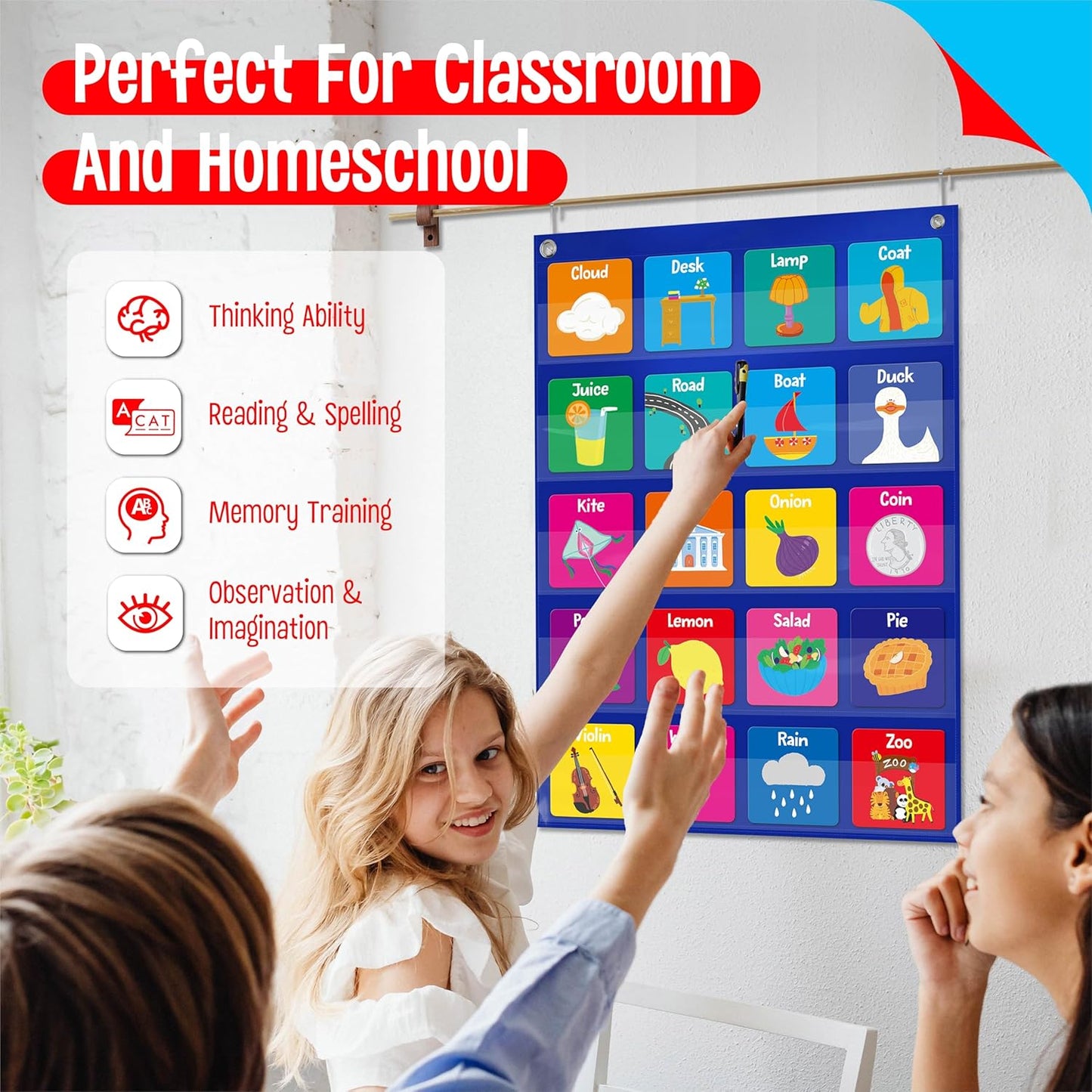 Magnetic Word Pocket Chart, 156 Double Sided Flashcards - CVC Words, First Words & 26 Letters, CVC Literacy Games, Phonics Reading and Spelling Learning Tool for Kindergarten Classroom