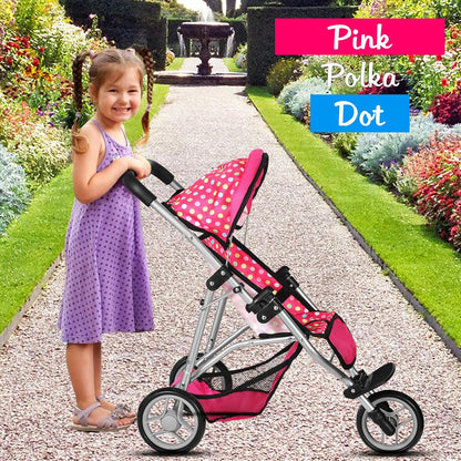 Fash N Kolor - Baby Doll Stroller with Adjustable Canopy & Toy Storage Basket - Foldable Baby Stroller for Pretend Play - Denim Pink,