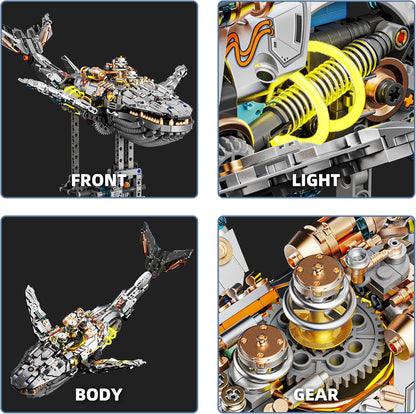 1085-PCS Mechanical Piranhas Fish Building Set with LED Light, Movable Linkage Gears, Display Stand,Mechanical Fish