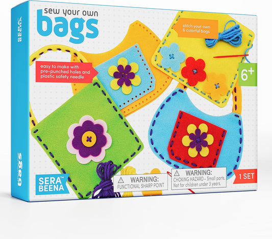 Serabeena Sewing Kit for Kids - Sew Your Own Felt Bags with Handles | Beginner Craft Kit Ages 6-8 | 6 Screen-Free No-Mess DIY Sewing Projects & Accessories