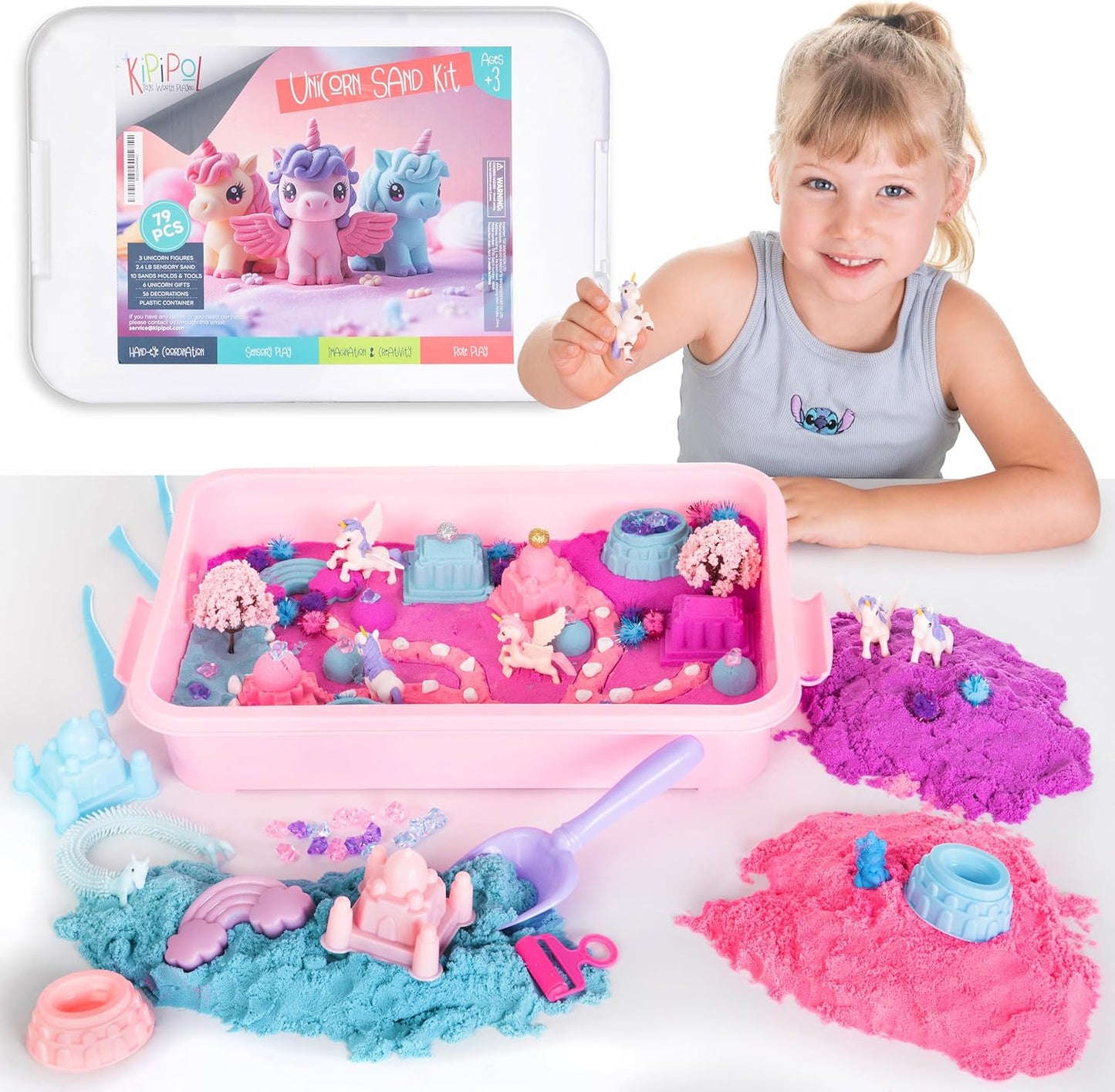 Kipipol Sensory bin - 29 pcs Ice Cream Toy Shop Play Sand Kit with 9 Ice Cream Sand Toys, 1.7 LB Moon Sand for Kids, Sandbox with A Lid - Pretend Play Sensory Toys for Girls and Boys Age 3-5 and Up
