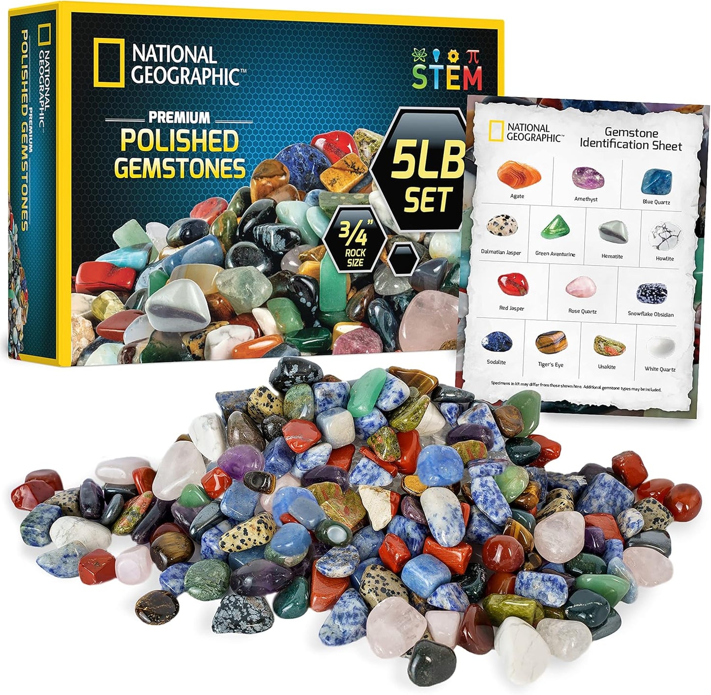 National Geographic Premium Polished Stones - 5 Pounds of 1/2-Inch Tumbled Stones and Crystals Bulk, Arts and Crafts, Rock and Mineral Kit, Rocks for Kids, STEM Toys