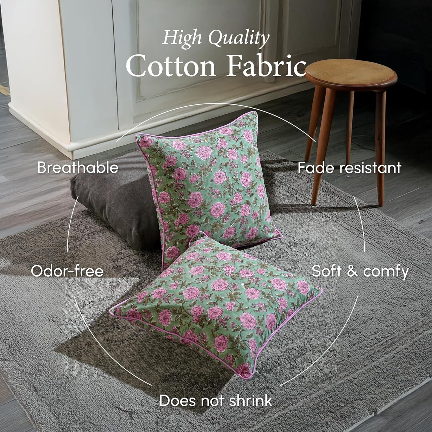 CPC 100% Cotton Throw Pillow Covers 18x18 Inch, Set of 2 Green Block Print Pattern Couch Pillow, Cute Boho Decorative Pillows for Living Room, Bedroom with Hidden Zipper- Agate Green