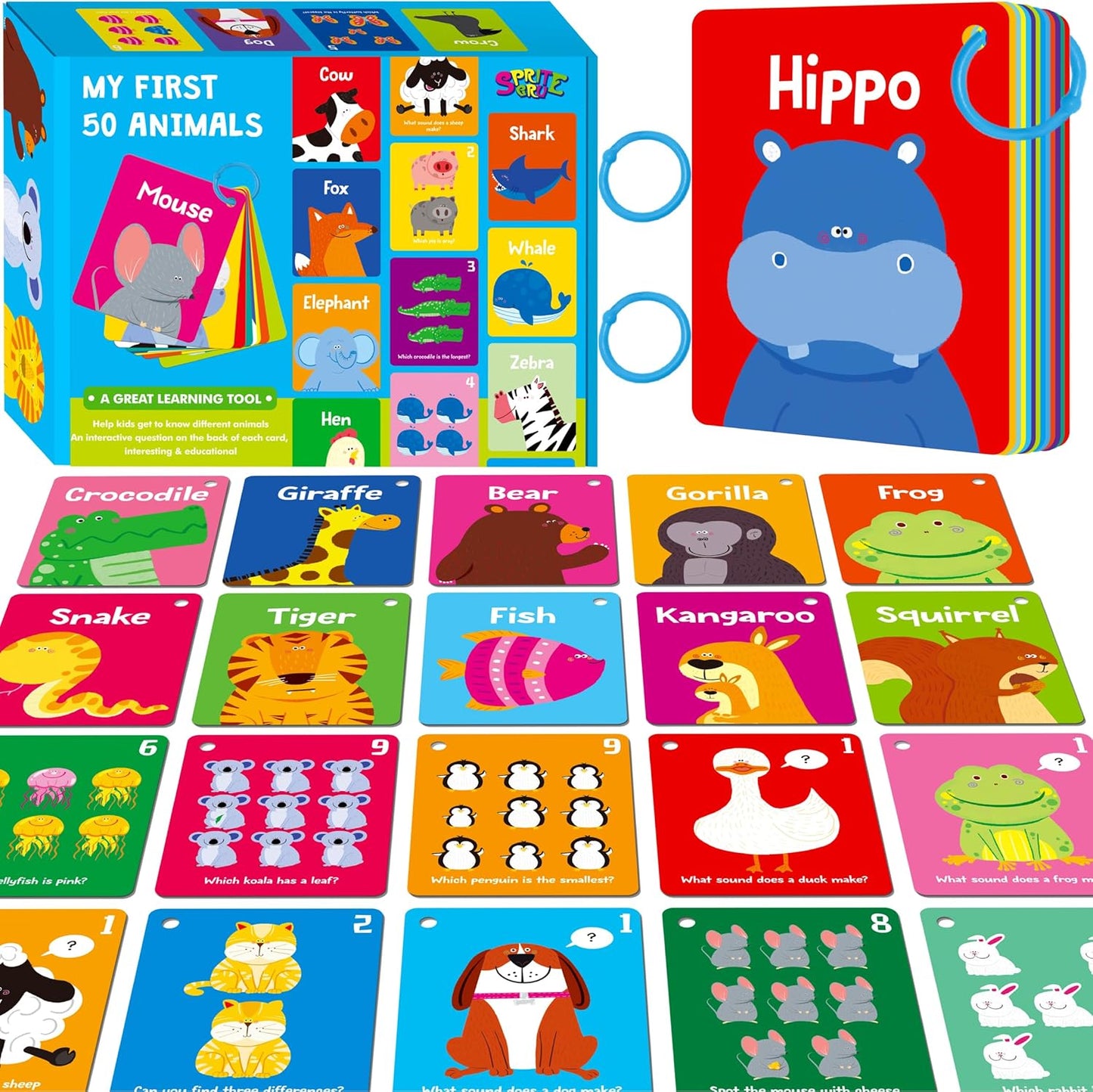 50 PCS Kid First Cognitive Flashcards,Double Sided Printed 7 in 1 Colorful Cards Alphabet,Numbers, Foods,Animals,Shapes,Colors with 3 Reclosable Rings,Learning Tool for Pre-K Kindergarten Toddlers