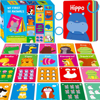 50 PCS Kid First Cognitive Flashcards,Double Sided Printed 7 in 1 Colorful Cards Alphabet,Numbers, Foods,Animals,Shapes,Colors with 3 Reclosable Rings,Learning Tool for Pre-K Kindergarten Toddlers