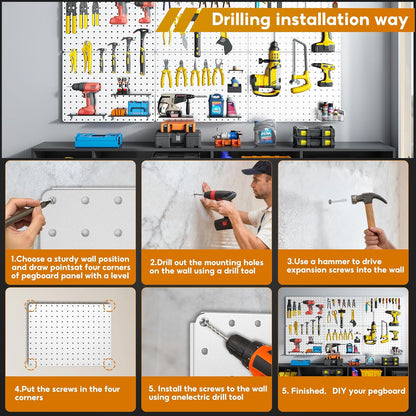 Peg Board, 112PCS Heavy Duty Metal Pegboard with Hooks, 6 Pack Black Peg Board Panels, 60lbs Load Capacity Each, Pegboard Wall Organizer for Garage, Workshop, Kitchen, Craft Rooms