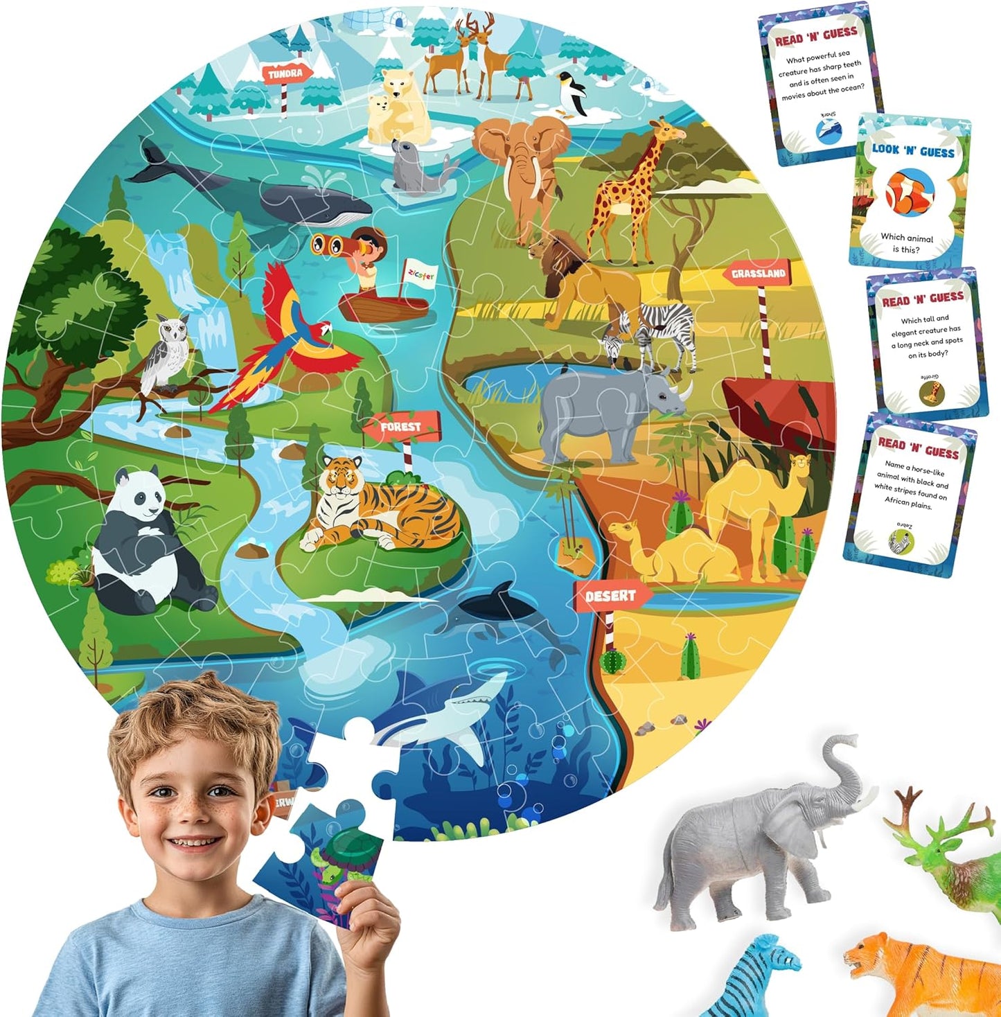 Jumbo 70 Piece Round Floor Puzzles for Kids Ages 3-5, 6-8, Large Jigsaw Puzzle with Educational Flash Cards and 3D Figures | Educational Gift (Animal Safari)
