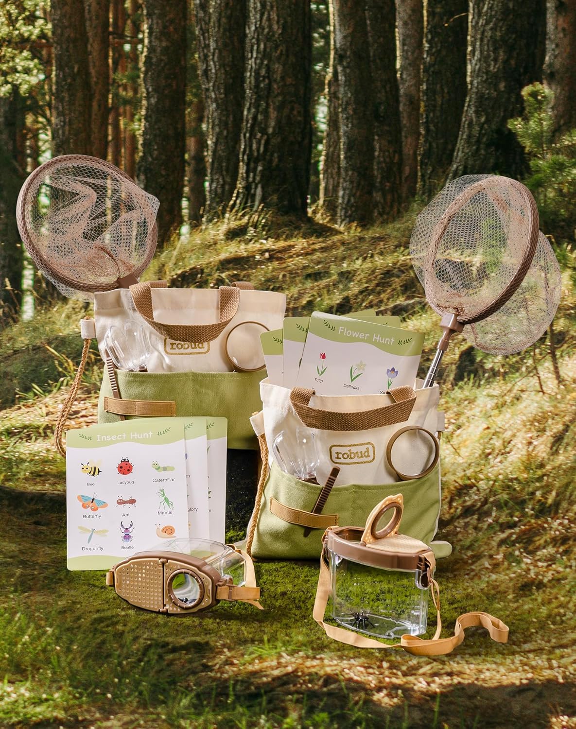 ROBUD Bug Catcher for Kids, Bug Catcher Kit with Bag Kit, Outdoor Exploration Set for Camping, Montessroi Toy for Kids Coming Closer to Nature，WRP07