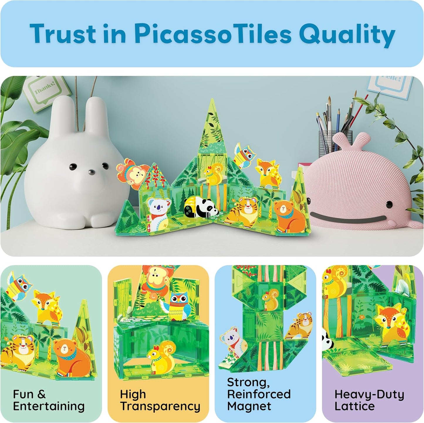 PicassoTiles Magnetic Tile Building Blocks Add On 8 Magnetized Action Figures Construction Vehicles & Zoo Animal Theme Compatible with Magnet Tiles Sets STEM Learning Toy for Boys & Girls Age 3+ PTA21