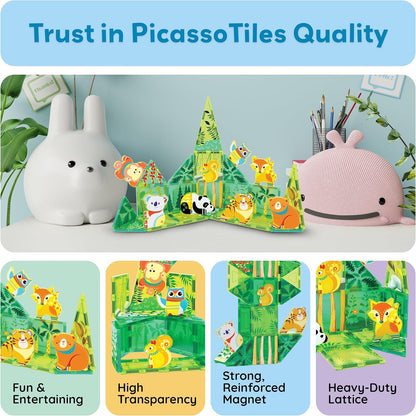 PicassoTiles Magnetic Tile Building Blocks Add On 8 Magnetized Action Figures Construction Vehicles & Zoo Animal Theme Compatible with Magnet Tiles Sets STEM Learning Toy for Boys & Girls Age 3+ PTA21