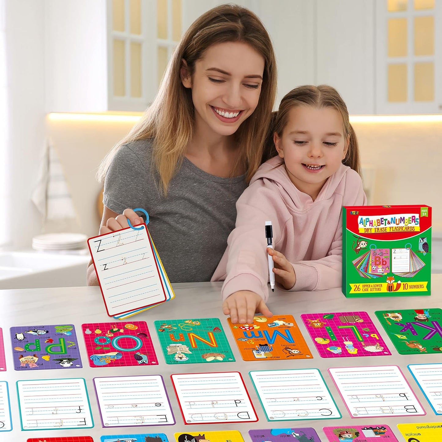 31 PCS Alphabet Flash Cards, Double-Sided Printing Dry Erase Letters Sight Words and Number Learning Cards Letter Tracing Practice Cards for Preschool, Kindergarten (2 Reclosable Rings & 2 Markers)