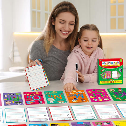 31 PCS Alphabet Flash Cards, Double-Sided Printing Dry Erase Letters Sight Words and Number Learning Cards Letter Tracing Practice Cards for Preschool, Kindergarten (2 Reclosable Rings & 2 Markers)