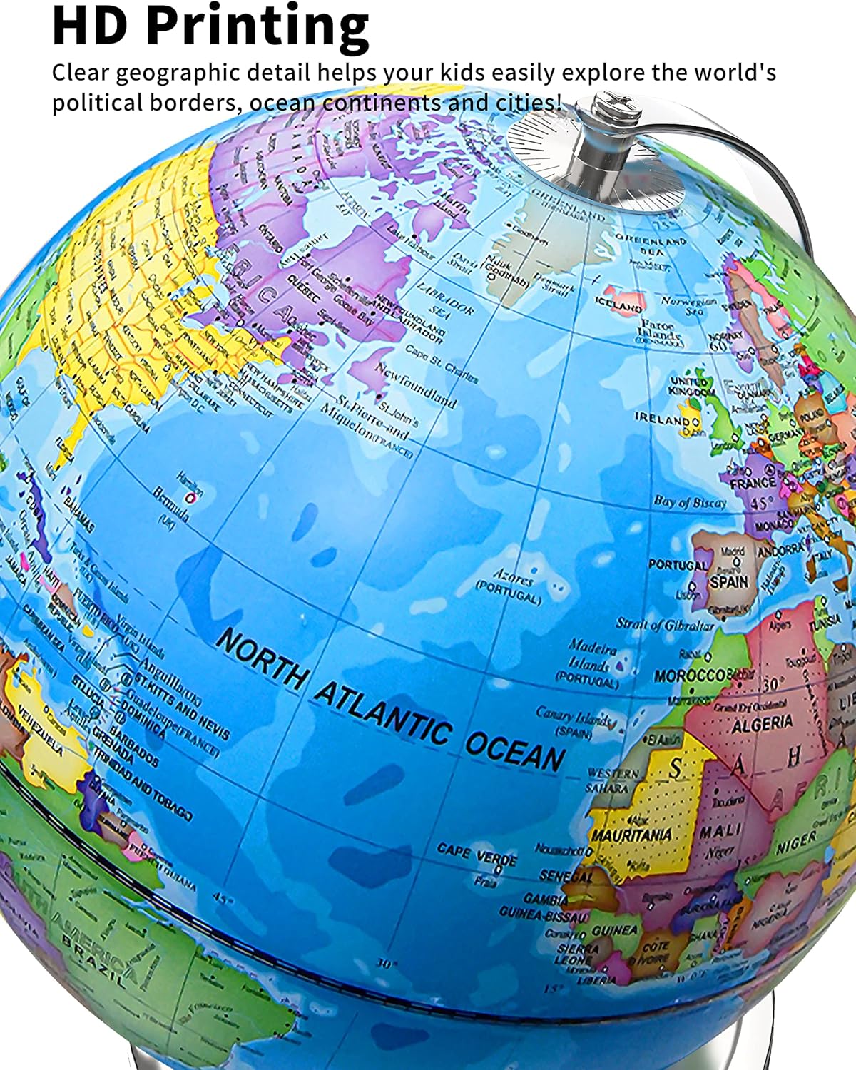 Waldauge Illuminated World Globe with Stand, 9" Earth Globes with Stable Heavy Metal Base for Kids Classroom Learning, LED Constellation Globe Night Light with HD Printed Map