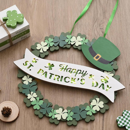AOMOONOA Lighted St. Patrick’s Day Wreath for Front Door, Battery Operated Shamrock Wreaths with Timer, Wooden Foldable Wreath with Magnetic Word Signs for Irish Holiday Outdoor, Wall Decor