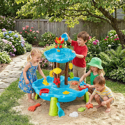 deAO Flower Water Sand Table for Kids 2-Tier Outdoor Water and Sand Play Table Toy Set with 11 Piece Water Toy Accessories Summer Gift for Boys Girls