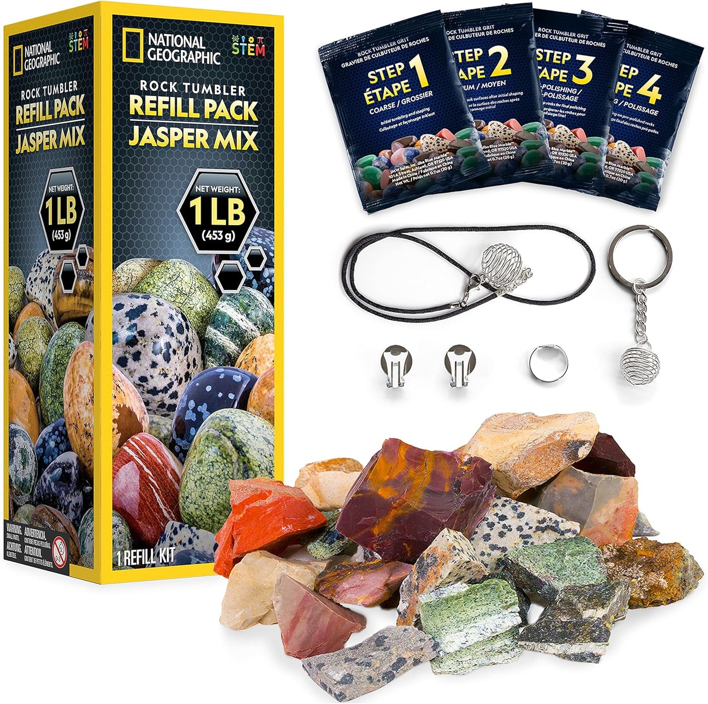 NATIONAL GEOGRAPHIC Rock Tumbler Refill Kit – 1 Lb. Madagascar Rocks for Tumbling with Rose Quartz, Red Jasper, Indigo Gabbro & More - Tumbler Supplies, Rock Polishing Grit and Jewelry Accessories