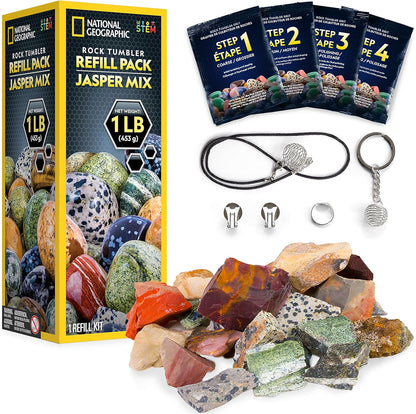 NATIONAL GEOGRAPHIC Rock Tumbler Refill Kit – 1 Lb. Madagascar Rocks for Tumbling with Rose Quartz, Red Jasper, Indigo Gabbro & More - Tumbler Supplies, Rock Polishing Grit and Jewelry Accessories