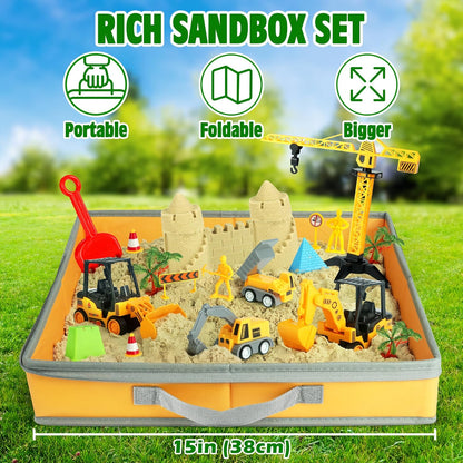 Billeeit Sand Construction Kit with Foldable 15 x 15 in Sand Box, 2.2 lbs Sensory Sand, 8 Trucks, Molds & Tools, Gift for Kids 3+